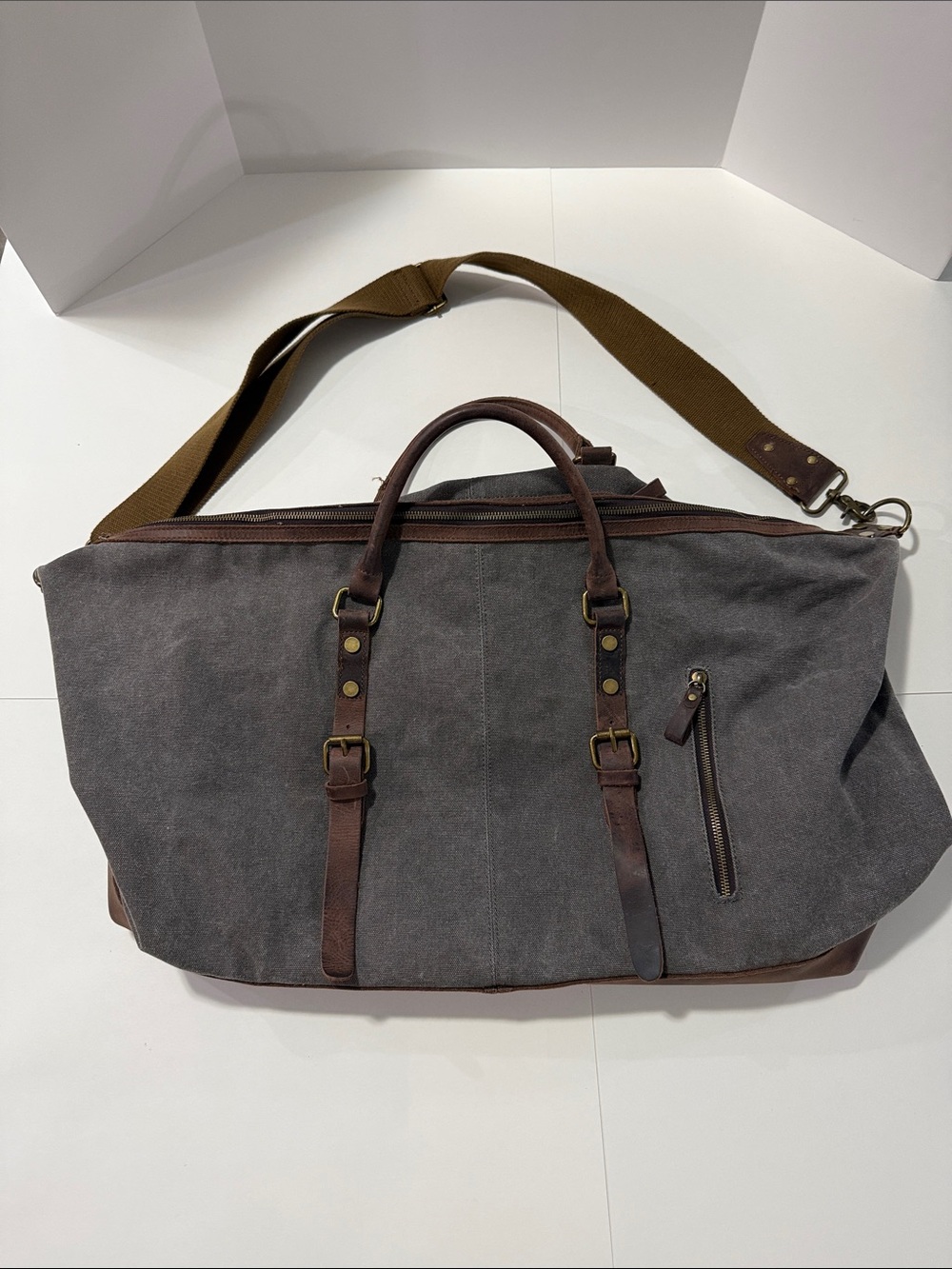 A-Zone Canvas Travel Weekender Bag in Charcoal Gray with Brown Leather Accents